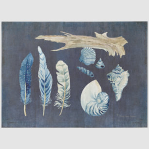 Beach Ocean Shells Feathers Navy Blue Decoupage Tissue Paper