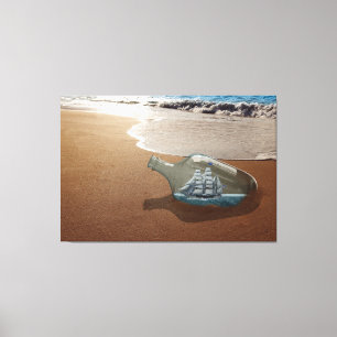 BEACH OCEAN SHIP BOTTLE STRETCHED CANVAS ART PRINT