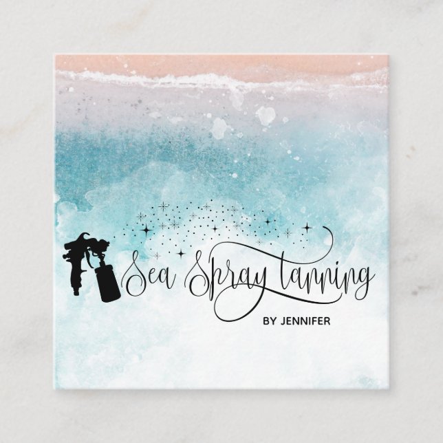 Beach Ocean Spray tan script dripping glitter gold Square Business Card (Front)