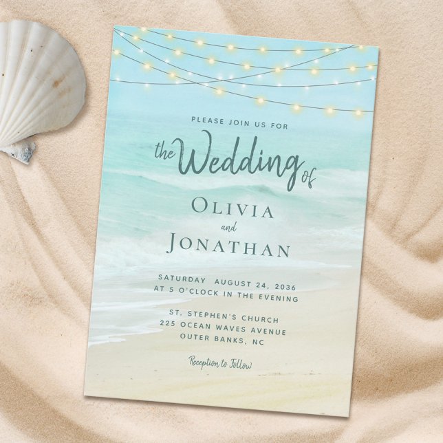 Beach Ocean String Lights Wedding Invitation (Creator Uploaded)