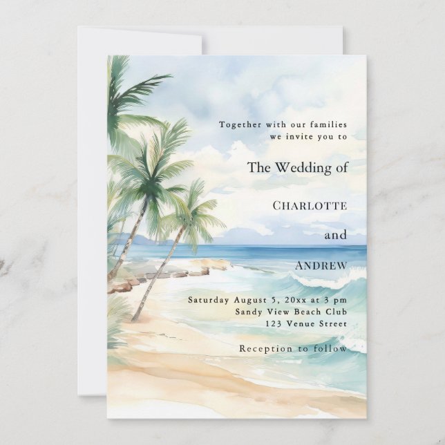 Beach ocean tropical palm destination wedding invitation (Front)
