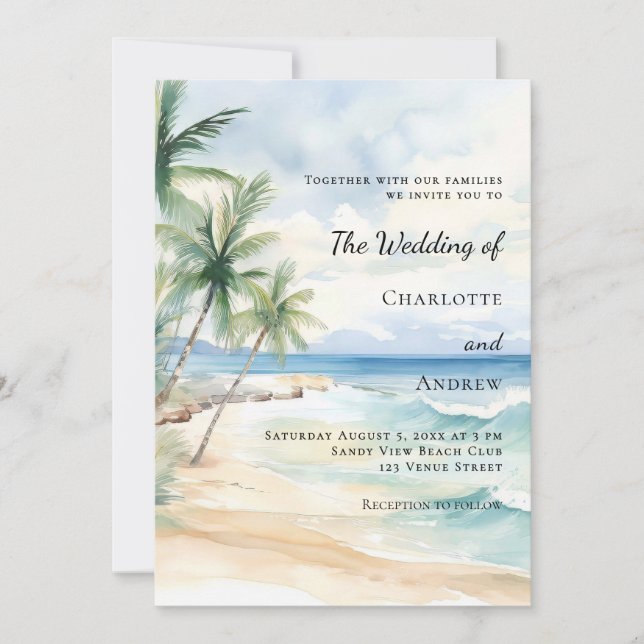 Beach ocean tropical palm destination wedding invitation (Front)