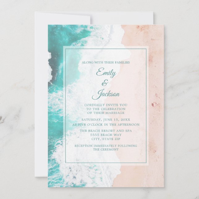 Beach Ocean Tropical Teal White Brown Wedding #2 Invitation (Front)