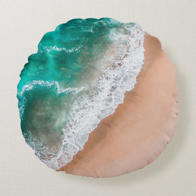 Beach ocean water on seashore sand tropical summer round pillow (Front)