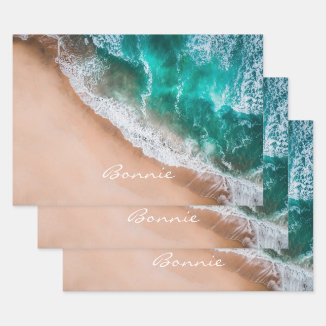 Beach ocean water on seashore sand tropical summer wrapping paper sheet (Set)