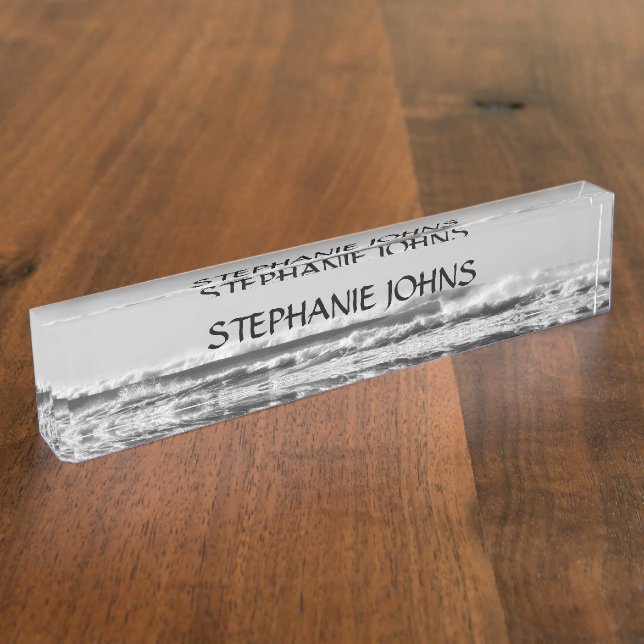Beach Ocean Wave Monogram Name Water Black White Nameplate (Side)