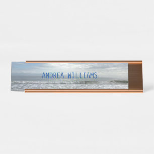 Beach Ocean Waves Monogram Name Blue Grey Desk Name Plate
