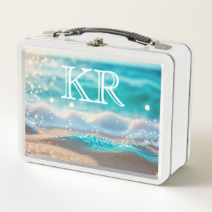 Beach Ocean Waves Nature Sparkle Initials Metal Lunch Box