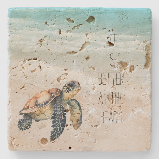 Beach Ocean Waves Sea Turtle Stone Coaster (Front)