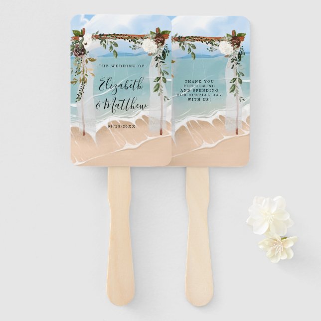 Beach Ocean White Canopy Marsala Floral Wedding  Hand Fan (Front and Back)