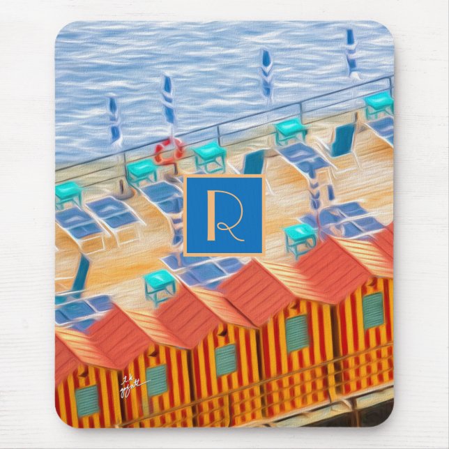 Beach Orange and Blue Tropical Cabanas Monogram Mouse Pad (Front)