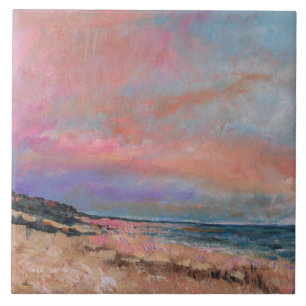 Beach Painting Coastal Pink Clouds Tile