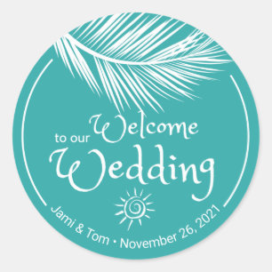 Beach Palm Leaf Turqoise Wedding Welcome Classic Round Sticker