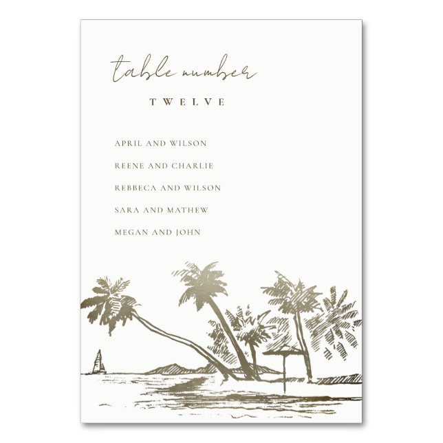 Beach Palm Sketch Pale Gold Wedding Seating Chart Table Number (Front)