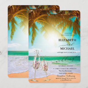 Beach,Palm,Sun, Lights,Glass Script Wedding Invitation