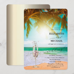 Beach,Palm,Sun,String Lights,Glass Script Wedding Invitation