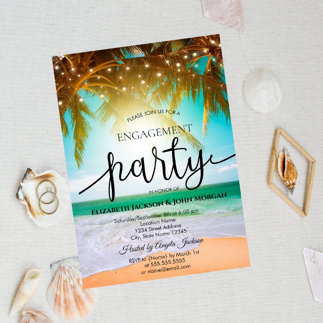 Beach,Palm,Sun,String Lights Script Engagement   Invitation (Creator Uploaded)