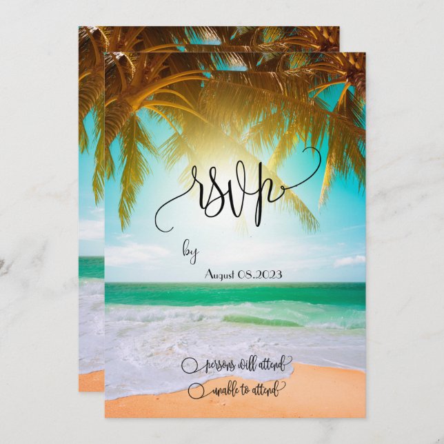 Beach,Palm,Sun,String Lights Script RSVP   Invitation (Front/Back)