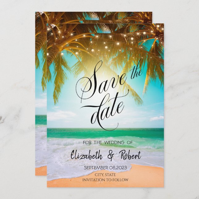 Beach,Palm,Sun,String Lights Script Save The Date (Front/Back)