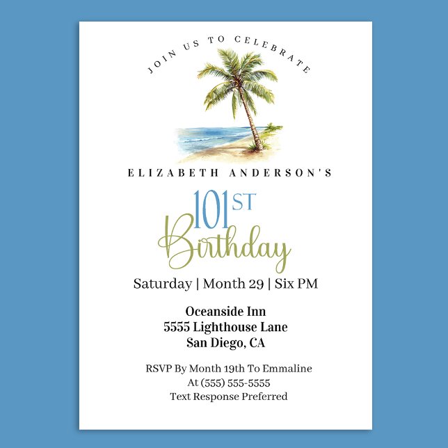 Beach Palm Tree 101st Birthday Invitation (Tropical beach palm tree 101st birthday invitation)