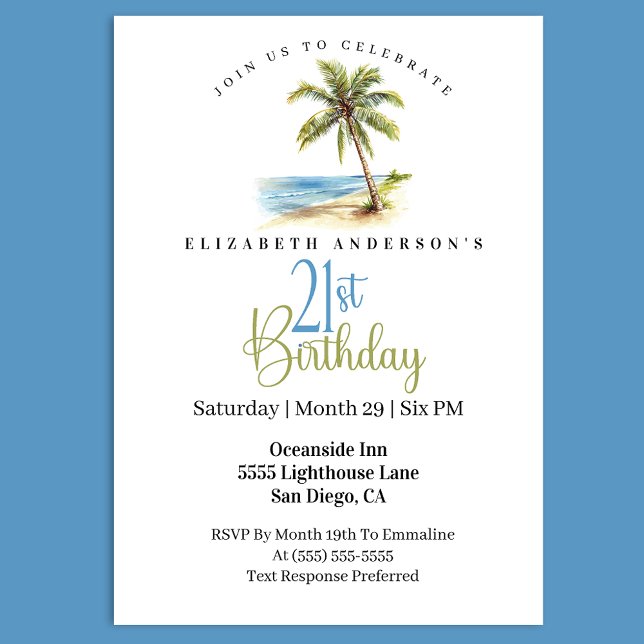 Beach Palm Tree 21st Birthday Invitation (Tropical beach 21st birthday invitation with watercolor palm tree ocean scene coastal party)