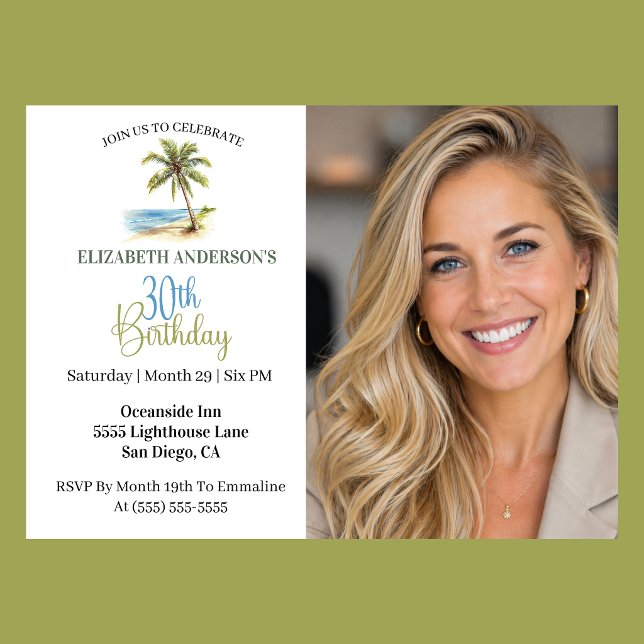 Beach Palm Tree 30th Birthday Photo Invitation (Tropical beach palm tree 30th birthday photo invitation for woman coastal party
)