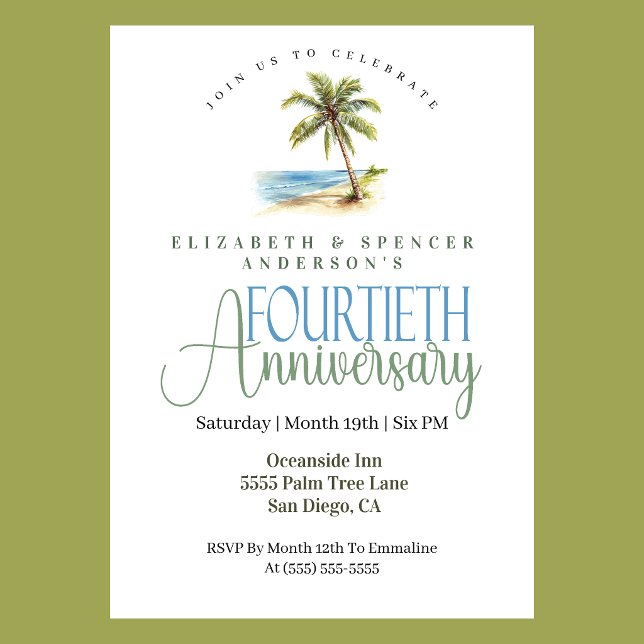 Beach Palm Tree 40th Wedding Anniversary Invitation (Tropical beach palm tree 40th wedding anniversary invitation coastal seaside theme
)