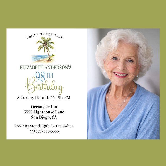 Beach Palm Tree 98th Birthday Photo Invitation (Elegant coastal 98th birthday photo invitation with tropical palm tree beach design and ocean theme )