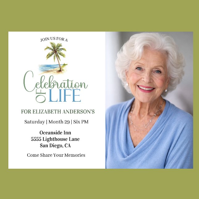 Beach Palm Tree Celebration Of Life Invitation (Tropical beach celebration of life invitation with palm tree watercolor design and elegant photo)
