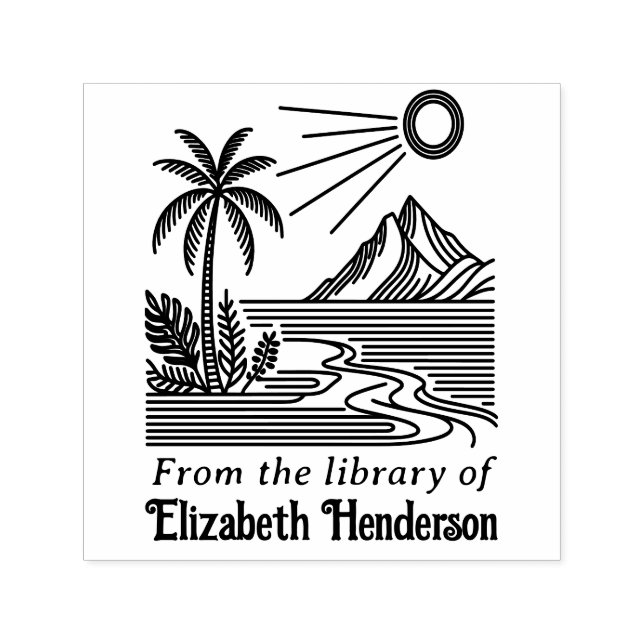 Beach Palm Tree Mountain SQ Library Book Name Self-inking Stamp (Design)