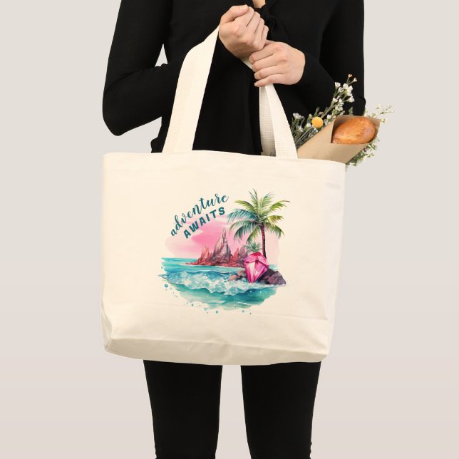 Beach Palm Tree Mountain View Adventure Awaits Large Tote Bag (Front (Product))