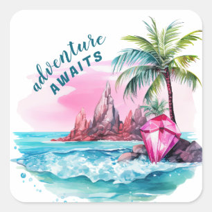 Beach Palm Tree Mountain View Adventure Awaits Square Sticker