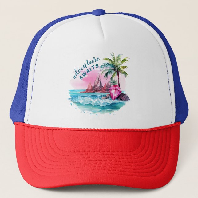 Beach Palm Tree Mountain View Adventure Awaits Trucker Hat (Front)