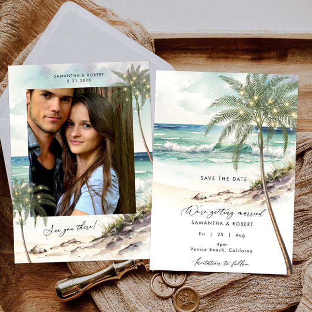 beach palm tree photo save the date card (Creator Uploaded)