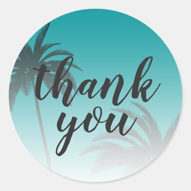 Beach Palm Tree Wedding Thank You Green Classic Round Sticker (Front)