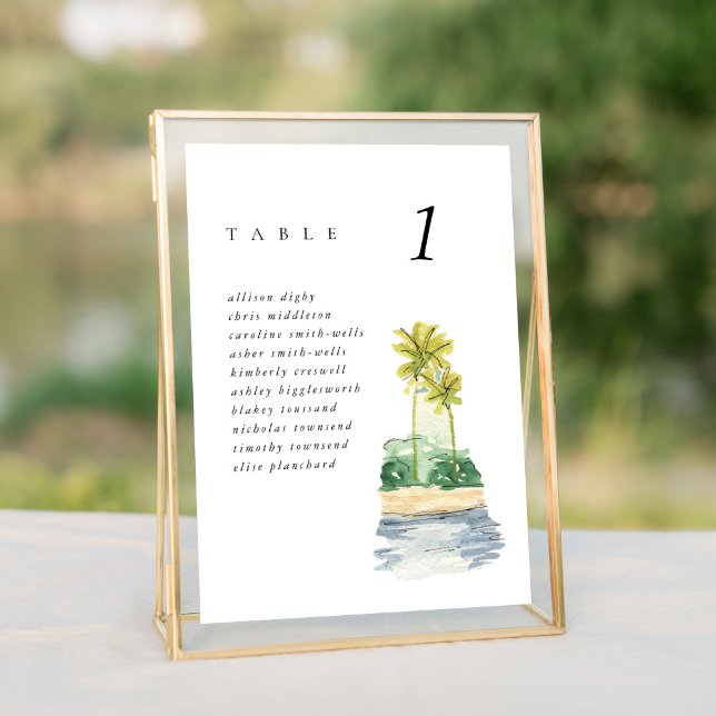 Beach Palm Trees 5x7" Wedding Seating Chart (Watercolor palm trees tropical beach wedding table number sign.)