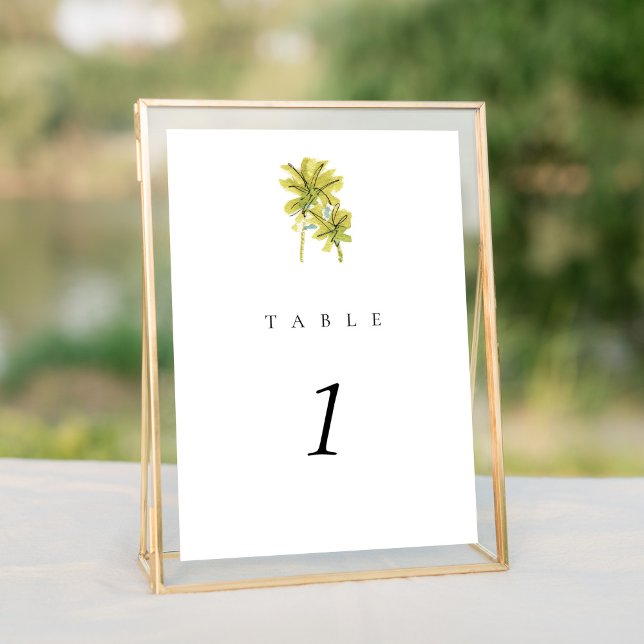 Beach Palm Trees 5x7" Wedding Table Number (Watercolor palm trees beach scene Destination wedding suite elegant table number sign.)