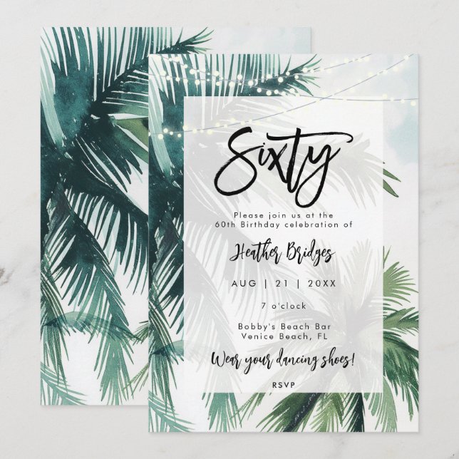beach palm trees 60th birthday party invitation (Front/Back)