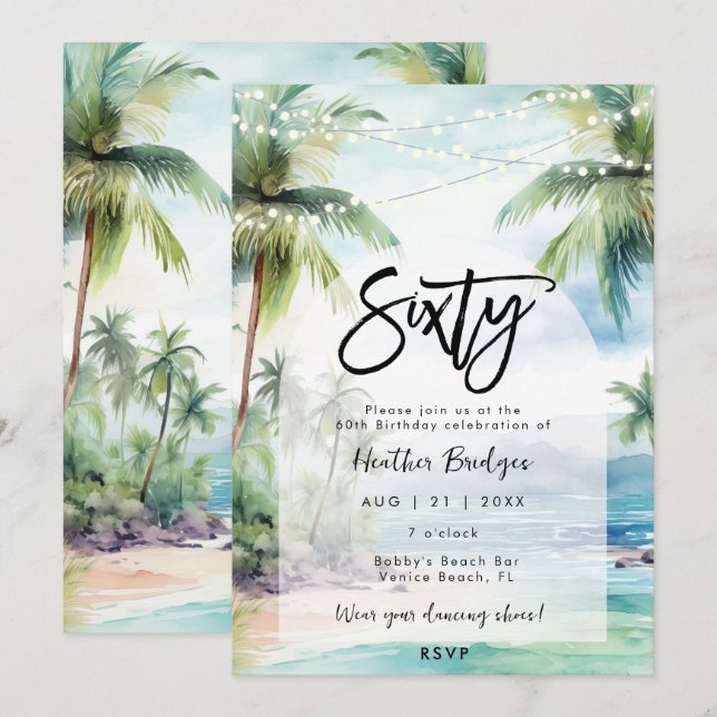 beach palm trees 60th birthday party invitation (Front/Back)