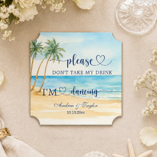 Beach Palm Trees Don't Take My Drink Wedding Paper Coaster