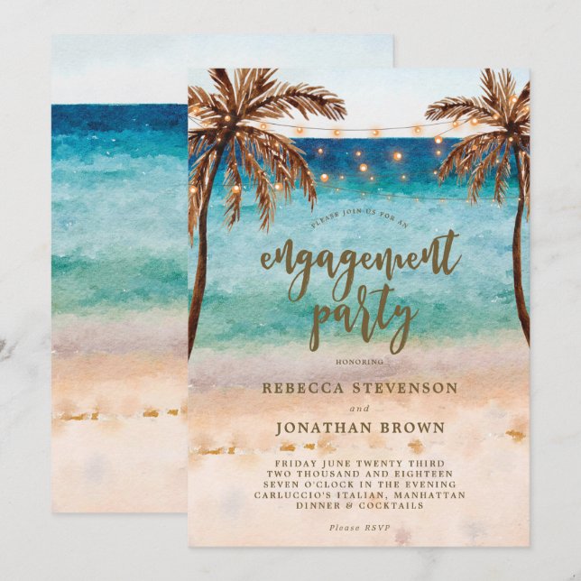 Beach, palm trees engagement party invitation (Front/Back)