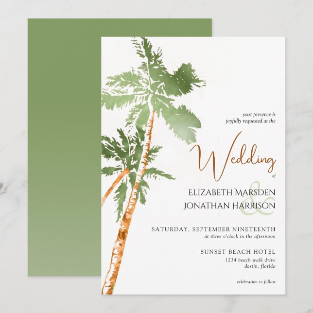 Beach Palm Trees Green Copper Elegant Destination Invitation (Front/Back)