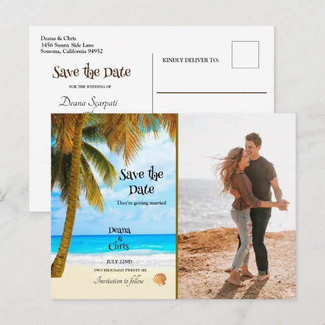 Beach, Palm Trees, Ocean, Save the Date Wedding Postcard (Front/Back)
