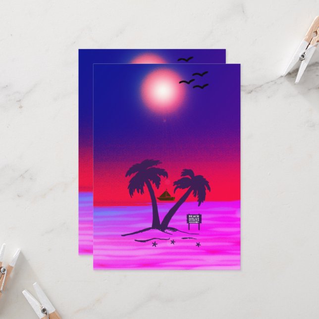 Beach Palm Trees Purple Red  Invitation (Front/Back In Situ)