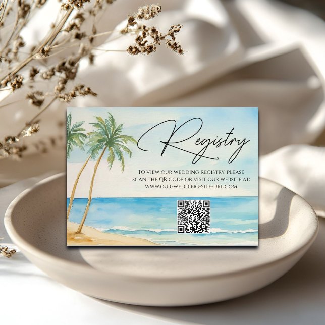  Beach Palm Trees QR Code Wedding Gift Registry Enclosure Card (Creator Uploaded)