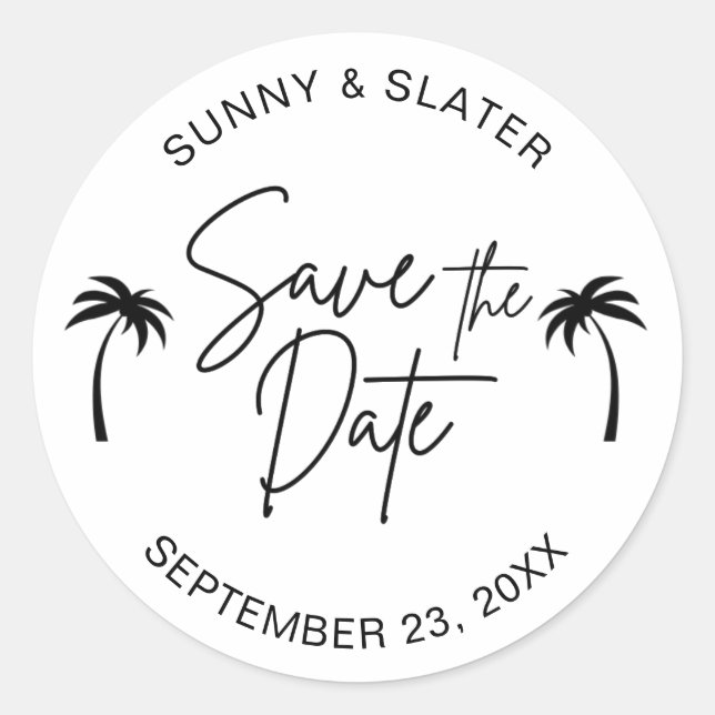 Beach Palm Trees Save the Date Classic Round Sticker (Front)