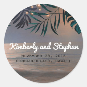 Beach Palms and String Lights Destination Wedding Classic Round Sticker