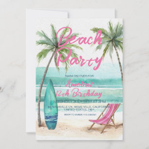 Beach Party 12th Birthday Invitation Tropical Pa