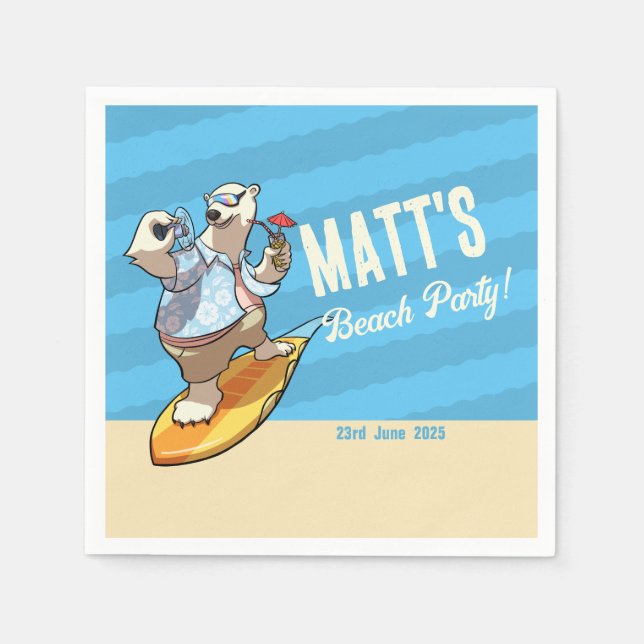 Beach Party Add Your Name Cool Surfing Polar Bear Napkin (Front)