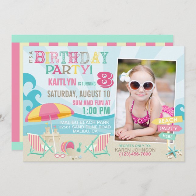 Beach Party Birthday Invitations (Front/Back)